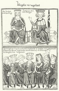 Una representación del Sangerkrieg, un concurso entre juglares en el castillo de Wartburg en Turingia en 1207, del Codex Manesse de German School