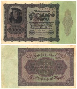 Un billete de cincuenta mil marcos, 1922 (anverso y reverso) de German School