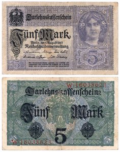 Un billete de cinco marcos, 1917 (anverso y reverso) de German School