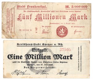 Billetes de cinco millones y un millón de marcos, 1923 de German School