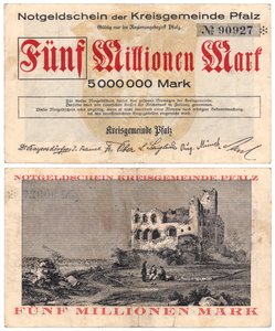 Un billete de cinco millones de marcos, c.1923 (anverso y reverso) de German School