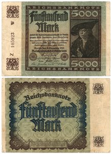 Un billete de cinco mil marcos, 1922 (anverso y reverso) de German School