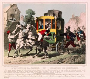 Una pareja de luna de miel es atacada por bandidos en Italia, hoja ilustrada publicada por Gangel & P. Didion, Metz, c.1850 de German School