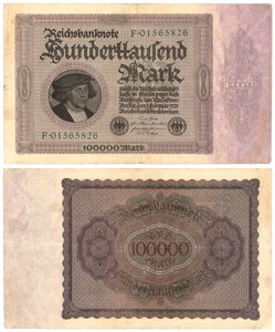 Un billete de cien mil marcos, 1923 (anverso y reverso) de German School