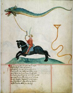 Un caballero sosteniendo un ciervo volador dragón. Página de manuscrito de la escuela alemana del siglo XV. 1405 Gotinga, biblioteca de la Universidad