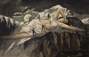 Una mujer desnuda en una ladera siendo escalada por montañistas mientras la luna observa (collage)