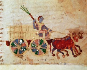 Un campesino en un carro en miniatura del manuscrito 