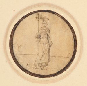Redondel que representa a Cristo con un largo manto sujeto al cuello sosteniendo una cruz procesional. de German School