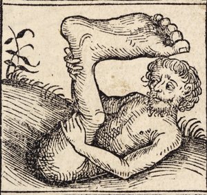 Un sciopod, Hombre con un pie hinchado, de ``Registrum Hujus Operis Libri Cronicarum cum Figuri et Imagibus ab Inicio Mundi