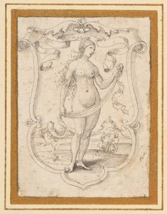 Escudo en roleos con la imagen de una mujer desnuda de pie en un paisaje, con una banderola encima, tal vez una alegoría del Orgullo. de German School