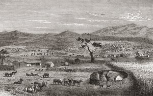 Un asentamiento en Kouihara, África Occidental, ilustración de 