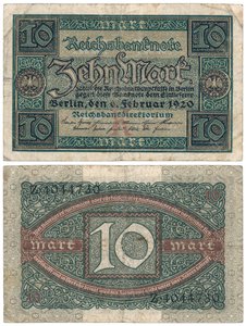 Un billete de diez marcos, 1920 (anverso y reverso) de German School