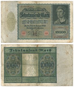 Un billete de diez mil marcos, 1922 (anverso y reverso) de German School