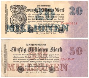 Billetes de veinte y cincuenta millones de marcos, 1923 de German School