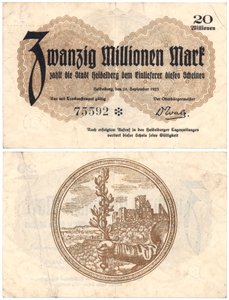 Un billete de veinte millones de marcos, 1923 (anverso y reverso) de German School