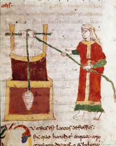 Una mujer sacando agua del pozo. Miniatura tomada del volumen De puteis del manuscrito De Universo (o De rerum naturis (De la naturaleza de las cosas)) de Rabanus Maurus Magnentius (ca. 780-856)