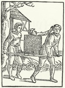 Xilografía de una escena de la historia de Till Eulenspiegel (grabado) de German School