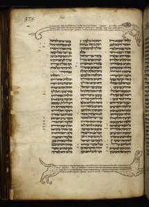 Agregar. 21160, f.188, Micrografía de dos perros persiguiendo a un ciervo, árbol con pájaros y un dragón, en Números (cap. 2-3). de German School