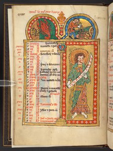 Agregar. 60629, f.3v junio, de 12 páginas de calendario en oro y colores, con marcos arquitectónicos que contienen cada uno un signo del zodíaco, un apóstol y un trabajo del mes (vitela)