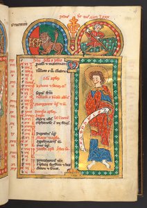 Agregar. 60629, f.4 Julio. 12 páginas de calendario en oro y colores, con marcos arquitectónicos que contienen cada uno un signo del zodíaco, un apóstol y un trabajo del mes.  Salterio. Salterio iluminado con calendario, cánticos y letanías para uso de las de German School