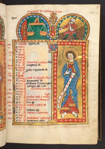 Agregar. 60629, f.5 Septiembre. 12 páginas de calendario en oro y colores, con marcos arquitectónicos que contienen cada uno un signo del zodíaco, un apóstol y un trabajo del mes.  Salterio. Salterio Iluminado con Calendario, Cánticos y Letanías para el us de German School