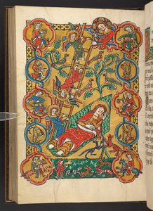 Agregar. 60629, f.87v La escalera de Jacob, con un árbol de la vida y músicos, animales, un hombre calentándose los pies y una escena de caza (vitela) de German School