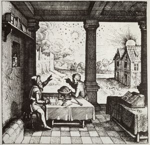 Un astrólogo haciendo un horóscopo, copia de una ilustración de Utriusque Cosmi Historia por Robert Fludd, Oppenheim 1617, usado en una Historia de la Magia, publicado a finales del siglo XIX