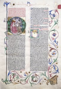 Una página iluminada que representa a San Jerónimo en su estudio, y un borde que incorpora un grifo atacado por tres hombres, 1470 de German School