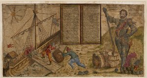 Folleto ilustrado que celebra la campaña de Francis Drake contra los españoles, ilustración de "Hier steh ich Drach in Engelandt" (pluma y tinta con aguada sobre papel). de German School
