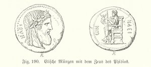 Monedas griegas antiguas de Elis con imágenes del Zeus de Fidias de German School