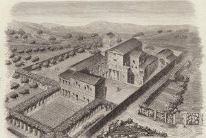 Casa de campo griega antigua en Al-Barah, Siria. Ilustración para Bilder-Atlas de German School