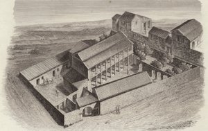 Casas griegas antiguas en Moudleja, Siria. Ilustración para Bilder-Atlas de German School