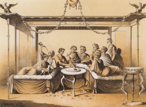 Antiguos romanos disfrutando de una comida (litografía en color)