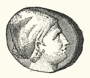 Moneda antigua mostrando la cabeza de la antigua poeta griega Safo de German School