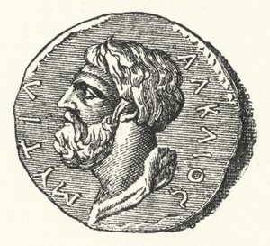Moneda antigua mostrando la cabeza del poeta griego Alceo de Mitilene de German School