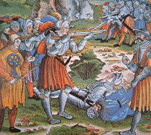 Soldados acorazados disparando arcabuz de mecha, finales del siglo XV de German School