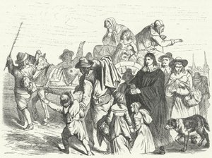 Llegada de inmigrantes hugonotes franceses a Brandeburgo después de que el Gran Elector Federico Guillermo emitiera el Edicto de Potsdam en 1685 (grabado) de German School