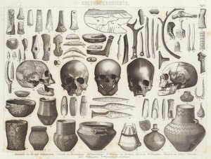 Artefactos de las edades de hielo y piedra. Ilustración para Bilder-Atlas de German School