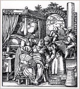 Astrólogos haciendo un horóscopo para el niño que nace de una mujer en una silla de parto, de De Conceptu et Generatione Hominis por Jacob Rueff, publicado en Frankfurt, 1587 de German School