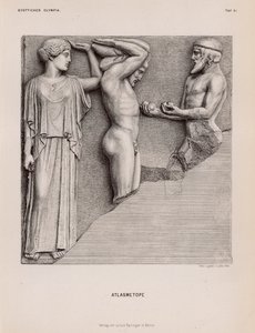 Atlas trayendo a Heracles las manzanas de las Hespérides en presencia de Atenea, metopa del Templo de Zeus, Olimpia, Grecia de German School