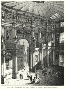 Auditorio y escenario del Teatro Olímpico, Piacenza, Italia, diseñado por Andrea Palladio (grabado)