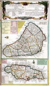 Barbados y Jamaica, detalle de un mapa de las colonias inglesas en el Caribe, pub. por los herederos de Homann, Nuremberg, c.1750 (detalle)