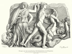 Batalla entre los dioses y los titanes y gigantes, relieve griego antiguo de Pérgamo de German School