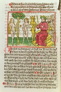 Belial presentando a Adán y Eva a Salomón, ilustración de una traducción alemana de Das Buch Belial, 1473 de German School