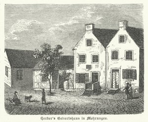 Lugar de nacimiento del autor, filósofo y teólogo luterano alemán Johann Gottfried von Herder, Mohrungen (grabado) de German School