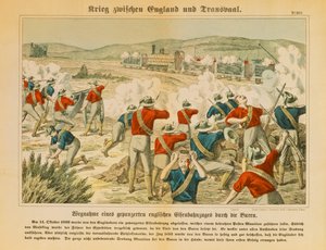 Los bóers capturan un tren blindado inglés durante la Segunda Guerra de los Bóers, cerca de Maseking, 14 de octubre de 1899, publicado por C. Burckhardts Nachf, Weissenburg, 1899 de German School