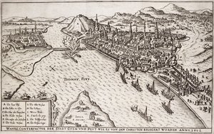 Buda y Pest Asediadas por los Cristianos en 1602, ilustración de un libro sobre las campañas otomanas en Europa, grabado por Paul Furst de German School