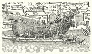 Construcción de un gran barco de navegación marítima a finales del siglo XV de German School