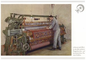 Actividad de los fabricantes de alfombras Halbmond-Teppichfabrik Von Koch Und Te Kock (litografía en color)