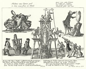 Caricatura sobre las pelucas excesivamente altas usadas por las mujeres de moda en el siglo XVIII de German School